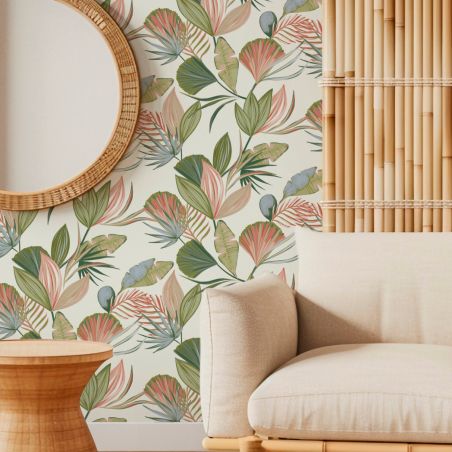 Papier peint intissé végétal corail et vert OISEAUX DE PARADIS - Sélection par Rasch - 583137