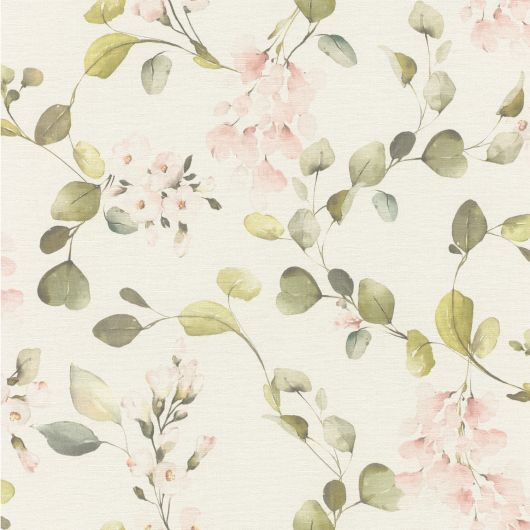 Papier peint intissé floral roseet vert FLEURS BUCOLIQUES - Sélection par Rasch - 582215