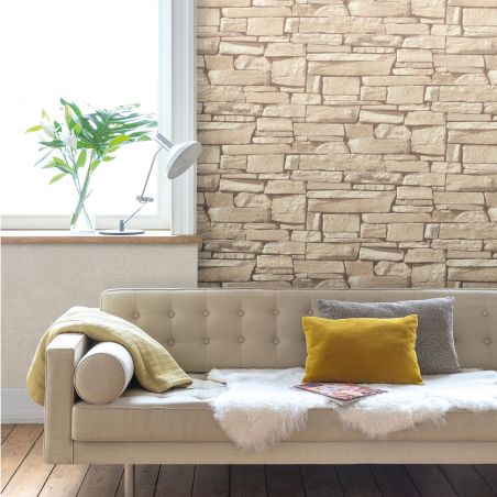 Papier peint vinyle sur intissé trompe l'œil beige et marron STONE WALL - Nomad par Grandeco - 115403