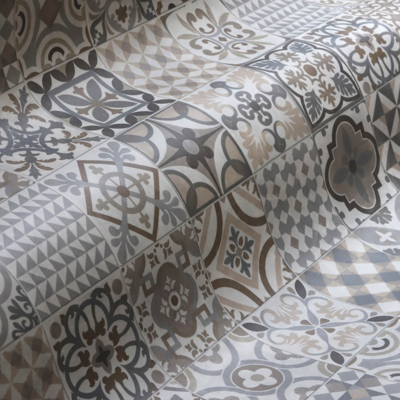 Sol Vinyle/PVC - 4m - carreaux de ciment beige, gris et fond  blanc grisé CARCASSONNE 529M - Optima Phonitec par Beauflor