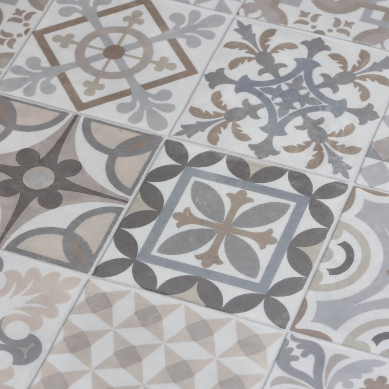 Sol Vinyle/PVC - 4m - carreaux de ciment beige, gris et fond  blanc grisé CARCASSONNE 529M - Optima Phonitec par Beauflor