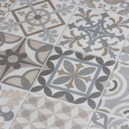 Sol Vinyle/PVC - 4m - carreaux de ciment beige, gris et fond  blanc grisé CARCASSONNE 529M - Optima Phonitec par Beauflor