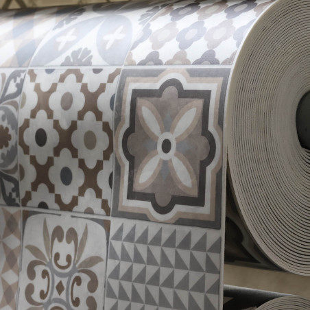 Sol Vinyle/PVC - 4m - carreaux de ciment beige, gris et fond  blanc grisé CARCASSONNE 529M - Optima Phonitec par Beauflor