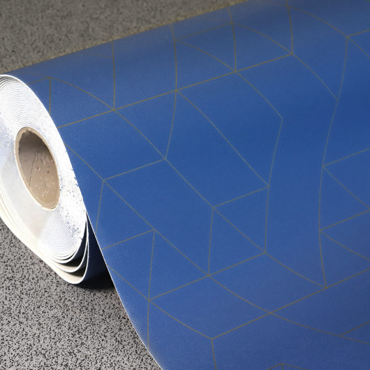 Sol Vinyle/PVC - 2m - géométrique bleu roi et motif ocre JESTER 578 - Essential Bingo par IVC