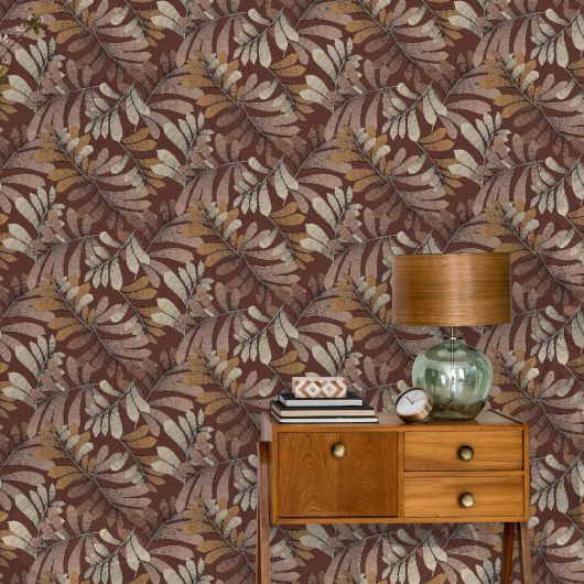 Papier peint vinyle sur intissé feuillage bordeaux et beige EMILE - Villa Rosalie par Lutèce - 51223510