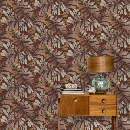 Papier peint vinyle sur intissé feuillage bordeaux et beige EMILE - Villa Rosalie par Lutèce - 51223510