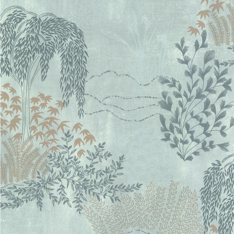 Papier peint vinyle sur intissé feuillage bleu grisé et argent JARDIN JAPONAIS - Cuisines et Bains par Lutèce - 51231711