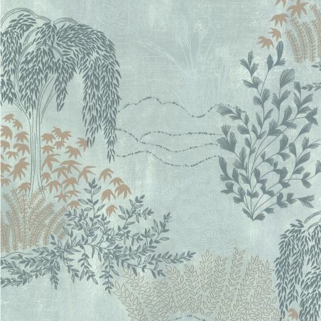 Papier peint vinyle sur intissé feuillage bleu grisé et argent JARDIN JAPONAIS - Cuisines et Bains par Lutèce - 51231711