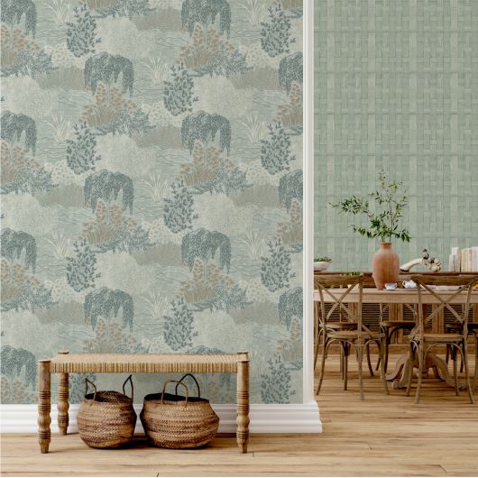 Papier peint vinyle sur intissé feuillage bleu grisé et argent JARDIN JAPONAIS - Cuisines et Bains par Lutèce - 51231711