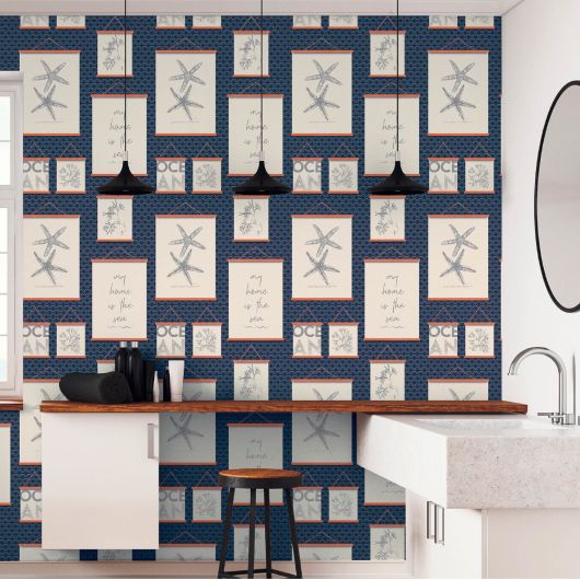 Papier peint expansé sur papier pient marin bleu marine, beige et terracotta CADRE OCEAN - Cuisines et Bains par Lutèce - 511866
