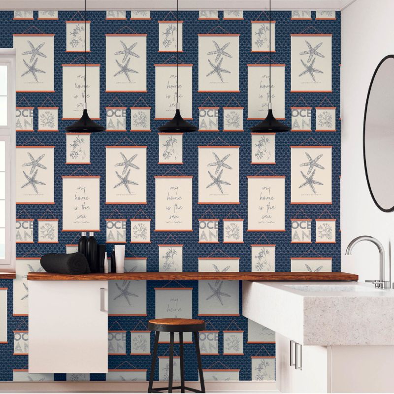 Papier peint expansé sur papier pient marin bleu marine, beige et terracotta CADRE OCEAN - Cuisines et Bains par Lutèce - 511866