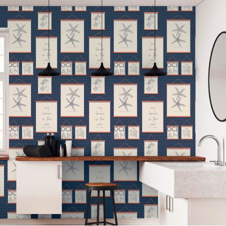 Papier peint expansé sur papier pient marin bleu marine, beige et terracotta CADRE OCEAN - Cuisines et Bains par Lutèce - 511866