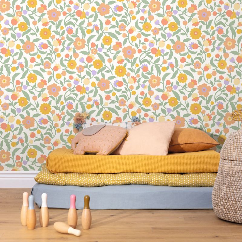 Papier peint intissé floral orange et ocre CAPUCINE - Happy Kids Club par Caselio - 107630735