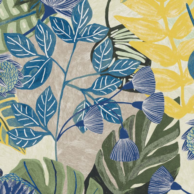 Papier peint intissé feuillage bleuet jaune paille BLISS ELECTRIC - Goja par Masureel - GOJ004