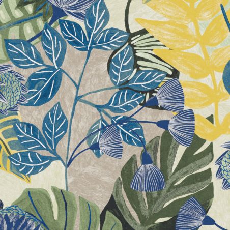 Papier peint intissé feuillage bleuet jaune paille BLISS ELECTRIC - Goja par Masureel - GOJ004