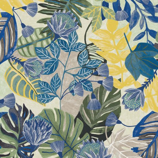 Papier peint intissé feuillage bleuet jaune paille BLISS ELECTRIC - Goja par Masureel - GOJ004