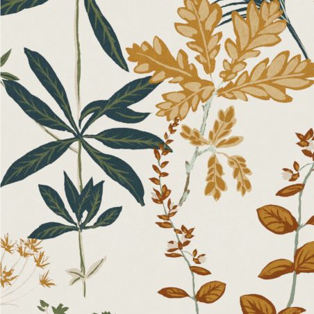 Papier peint intissé feuillage terracotta,bleu et vert HERBARIO OLIVE - Olivia par Masureel - OLI003