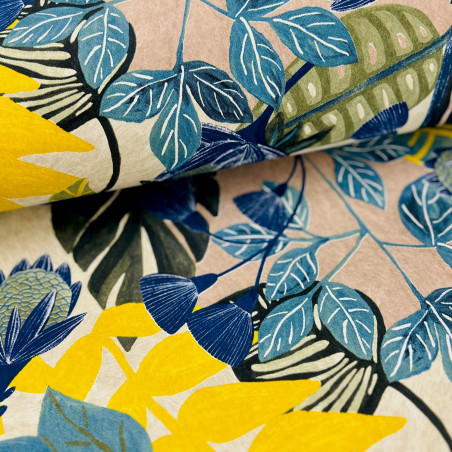 Papier peint intissé feuillage bleu  et jaune paille BLISS ELECTRIC - Goja par Masureel - GOJ004