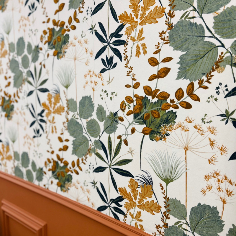 Papier peint intissé feuillage terracotta,bleu et vert HERBARIO OLIVE - Olivia par Masureel - OLI003