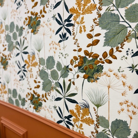 Papier peint intissé feuillage terracotta,bleu et vert HERBARIO OLIVE - Olivia par Masureel - OLI003