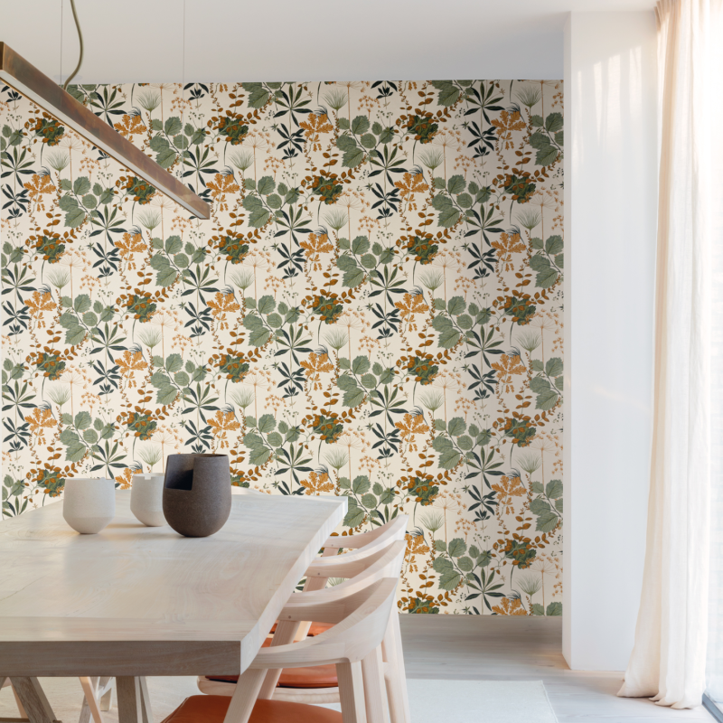 Papier peint intissé feuillage terracotta,bleu et vert HERBARIO OLIVE - Olivia par Masureel - OLI003