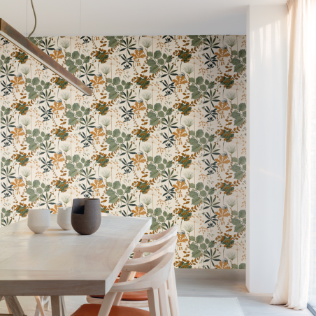 Papier peint intissé feuillage terracotta,bleu et vert HERBARIO OLIVE - Olivia par Masureel - OLI003