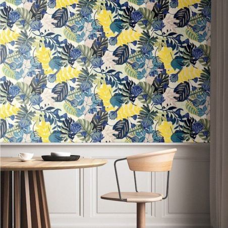 Papier peint intissé feuillage bleu  et jaune paille BLISS ELECTRIC - Goja par Masureel - GOJ004