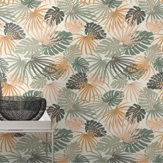 Papier peint vinyle sur intissé feuillage orange et vert JUNGLE BOTANIQUE - Salsa par Rasch - 461060