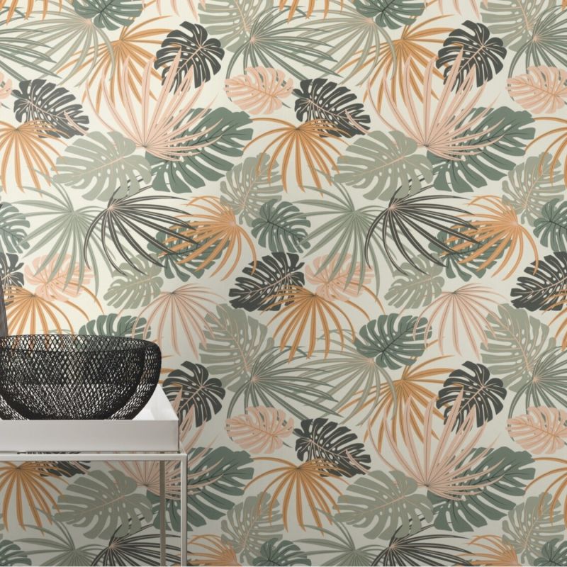 Papier peint vinyle sur intissé feuillage orange et vert JUNGLE BOTANIQUE - Salsa par Rasch - 461060