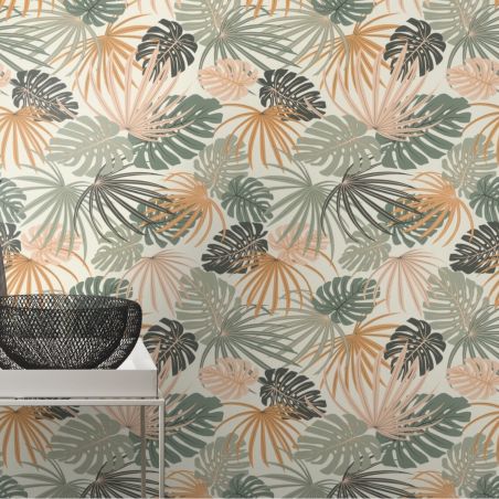 Papier peint vinyle sur intissé feuillage orange et vert JUNGLE BOTANIQUE - Salsa par Rasch - 461060