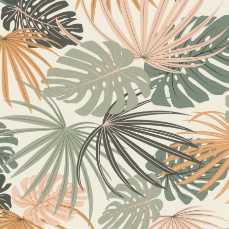 Papier peint vinyle sur intissé feuillage orange et vert JUNGLE BOTANIQUE - Salsa par Rasch - 461060