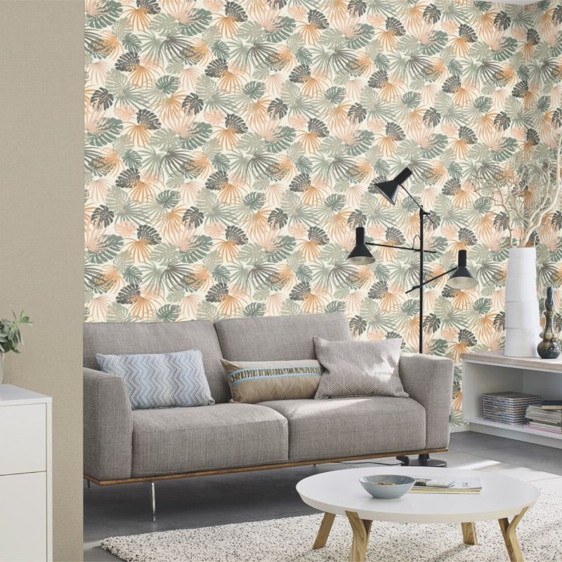Papier peint vinyle sur intissé feuillage orange et vert JUNGLE BOTANIQUE - Salsa par Rasch - 461060