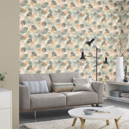 Papier peint vinyle sur intissé feuillage orange et vert JUNGLE BOTANIQUE - Salsa par Rasch - 461060